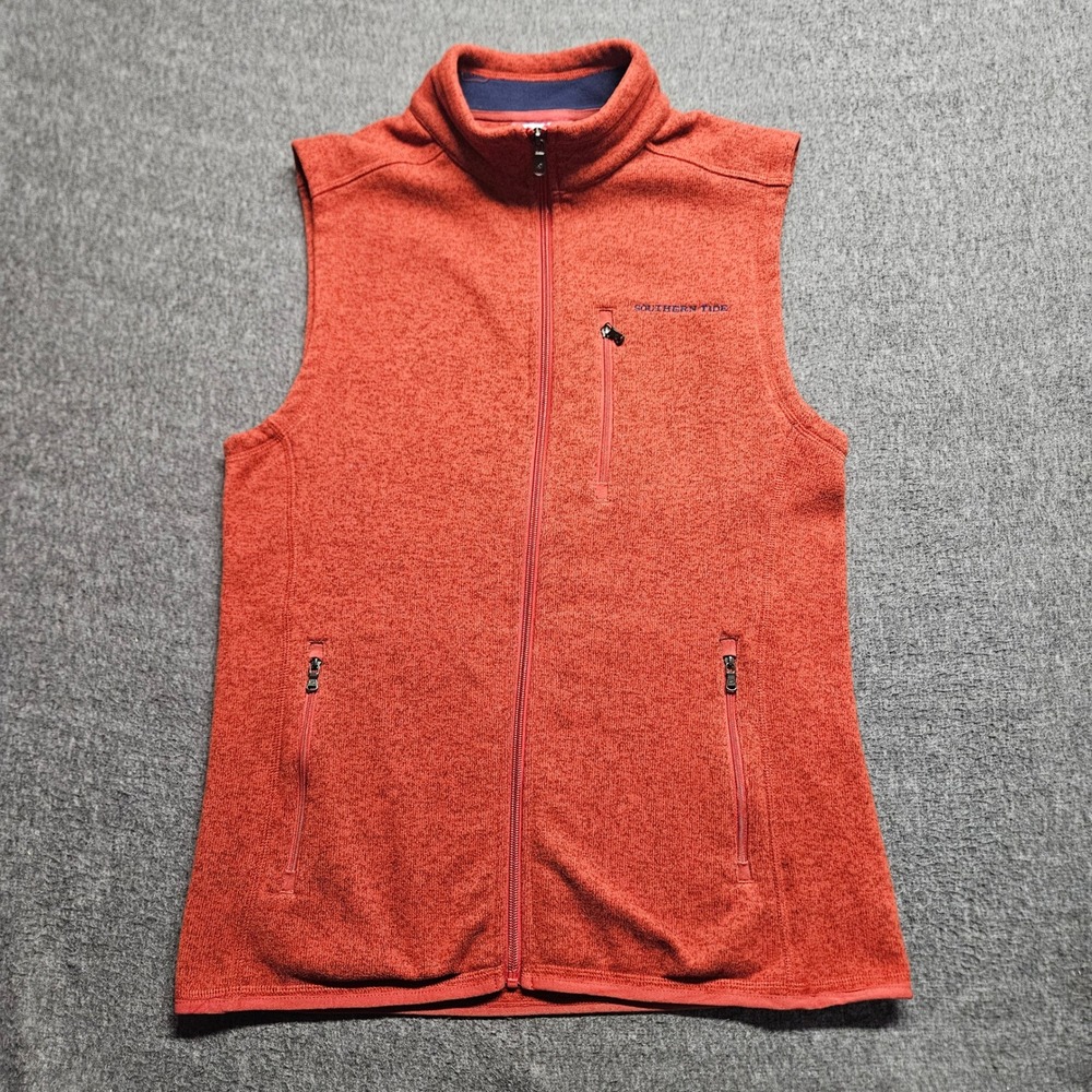 Southern Tide Fleece Vest Mens Medium Orange Heathered Full Zip Chest Pocket - Picture 2 of 8